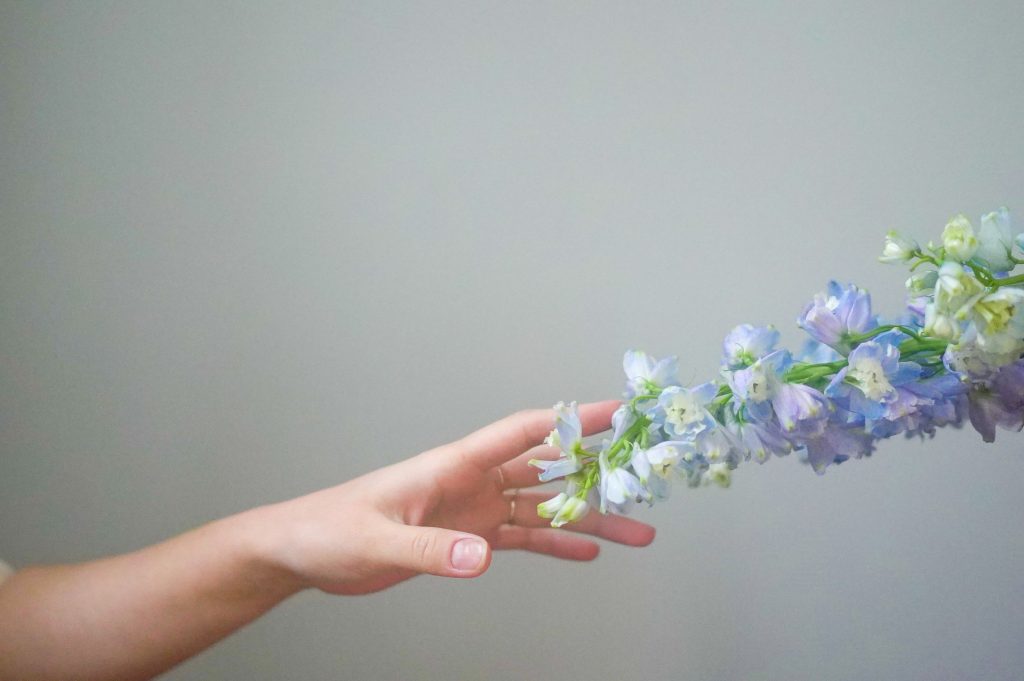 woman's hand touches flowers