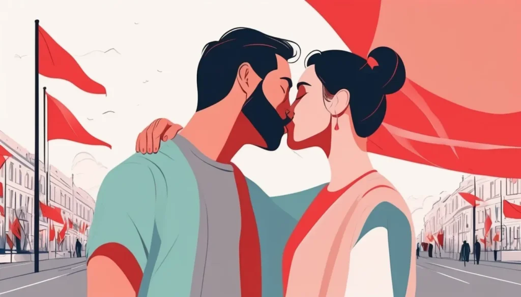 Woman kissing man with red flags