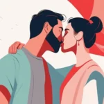 Woman kissing man with red flags