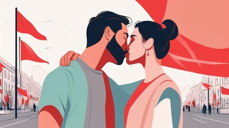 Woman kissing man with red flags